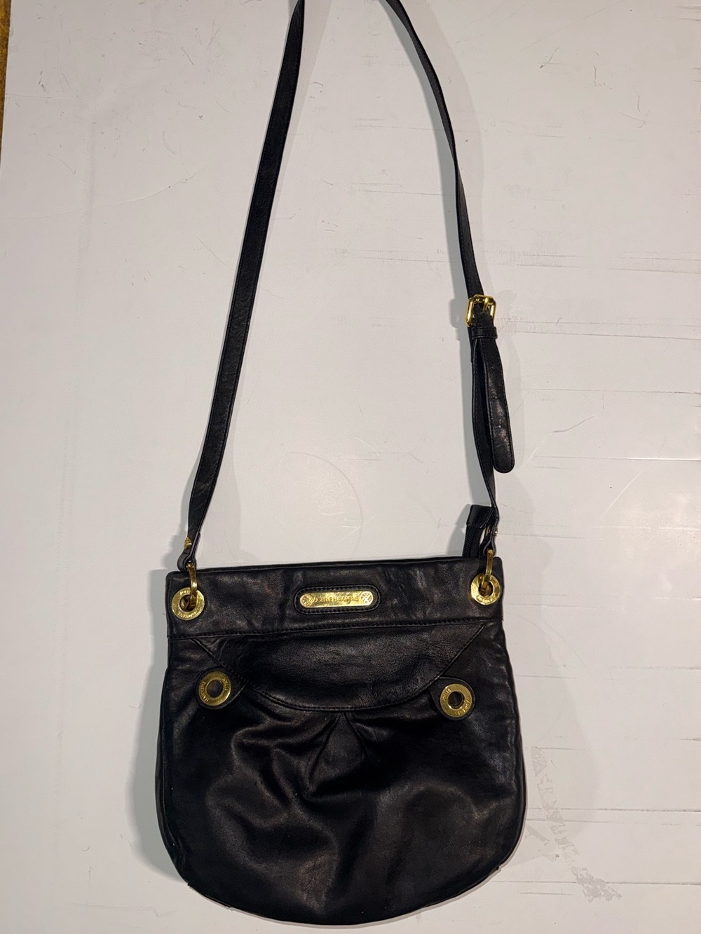 Black Leather Crossbody Bag with Gold-Tone Accents